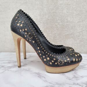 BCBG MAXAZRIA Black Leather Laser Cut Lace Pumps Platform Stiletto Women's 9.5B